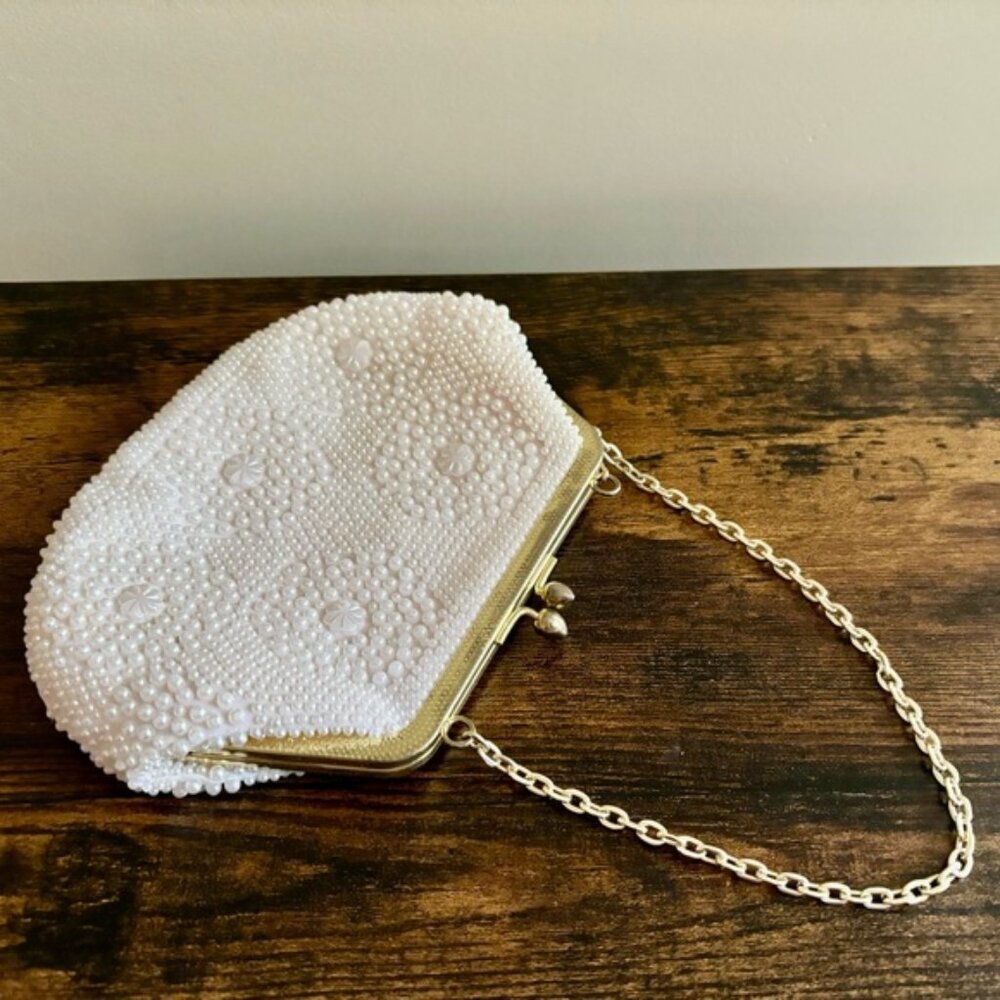 Vintage| 1950s Beaded Cream Pearl Evening Bag Clutch w/ Gold Hardware Hong Kong